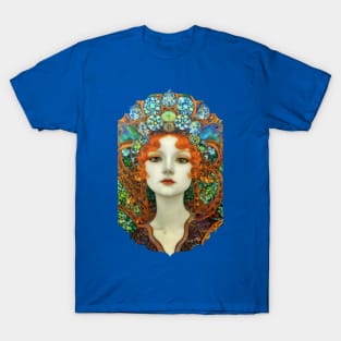 Portrait of Beautiful Woman in Vintage Tiffany Stained Glass Style T-Shirt